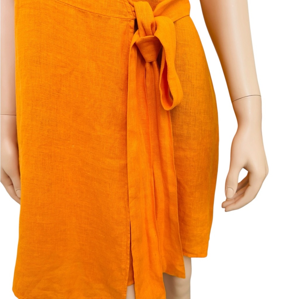 Zara 100% Linen Orange Wrap Dress Puff Sleeve Tie Waist Women’s Medium Portugal - Picture 4 of 12